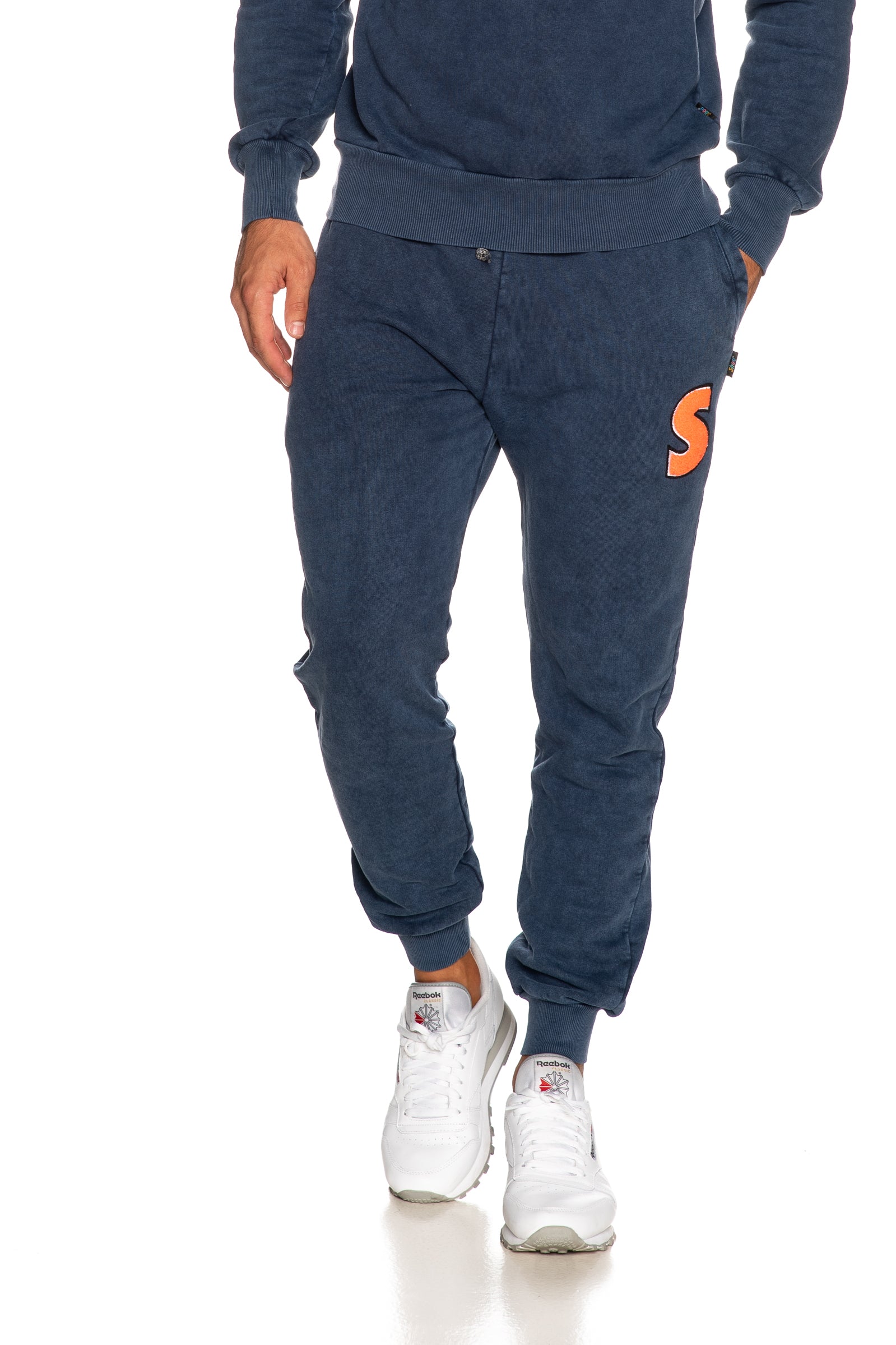 Pantalone Tuta Shoe Blu Denim In Felpa Garzata Con Polsino In