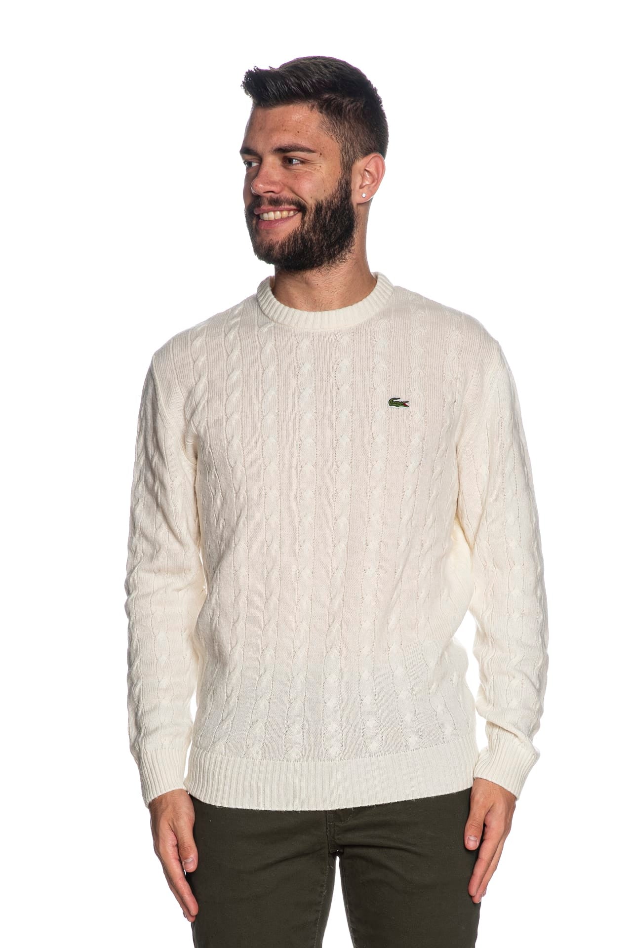 Pullover Lacoste Crew Cable Knit Da Uomo Latte Scuderi Store