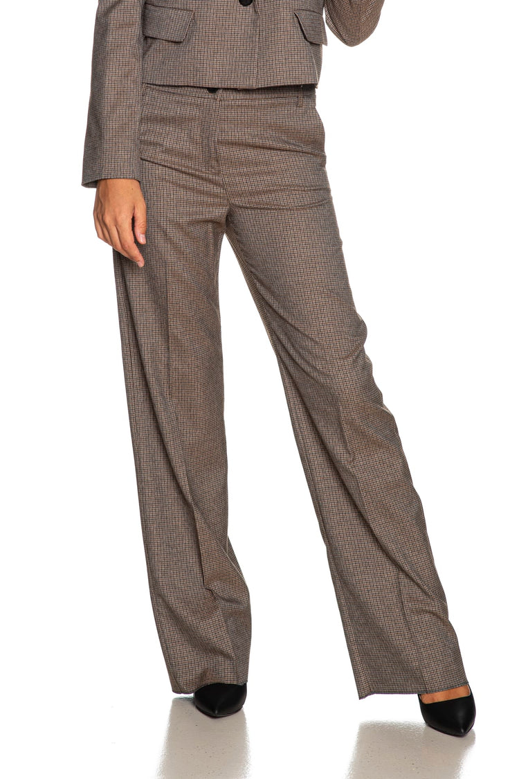 Pantaloni palazzo PINKO fantasia a quadri beige e grigio in poliviscosa stretch