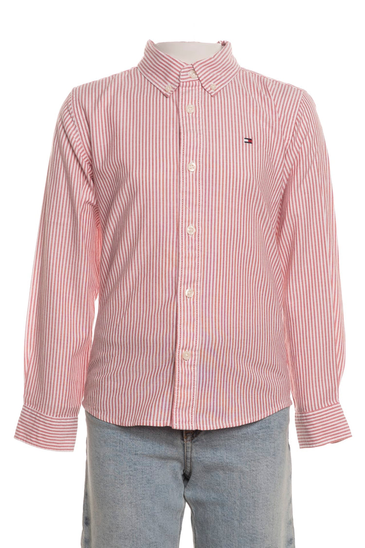 Camicia Tommy Hilfiger bambino a righe bianche e corallo con logo flag