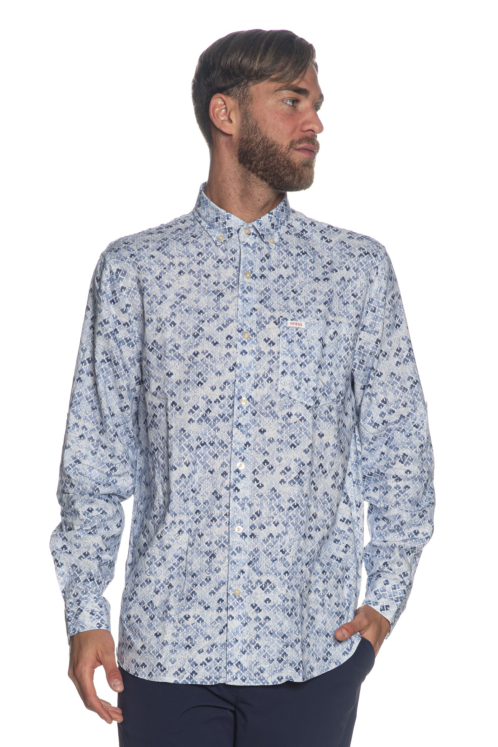 Camicia Guess Collins Aop Da Uomo Bianca Stampa Maiolica Indigo Scuderi Store