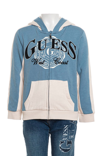 Felpa Guess bambino con cappuccio azzurra e panna con zip