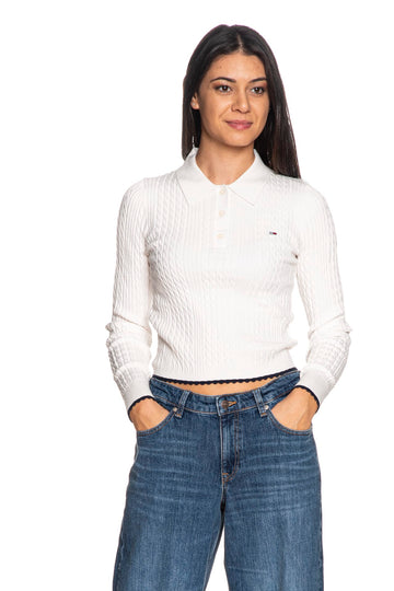 Polo Tommy Hilfiger donna Micro Cable bianco