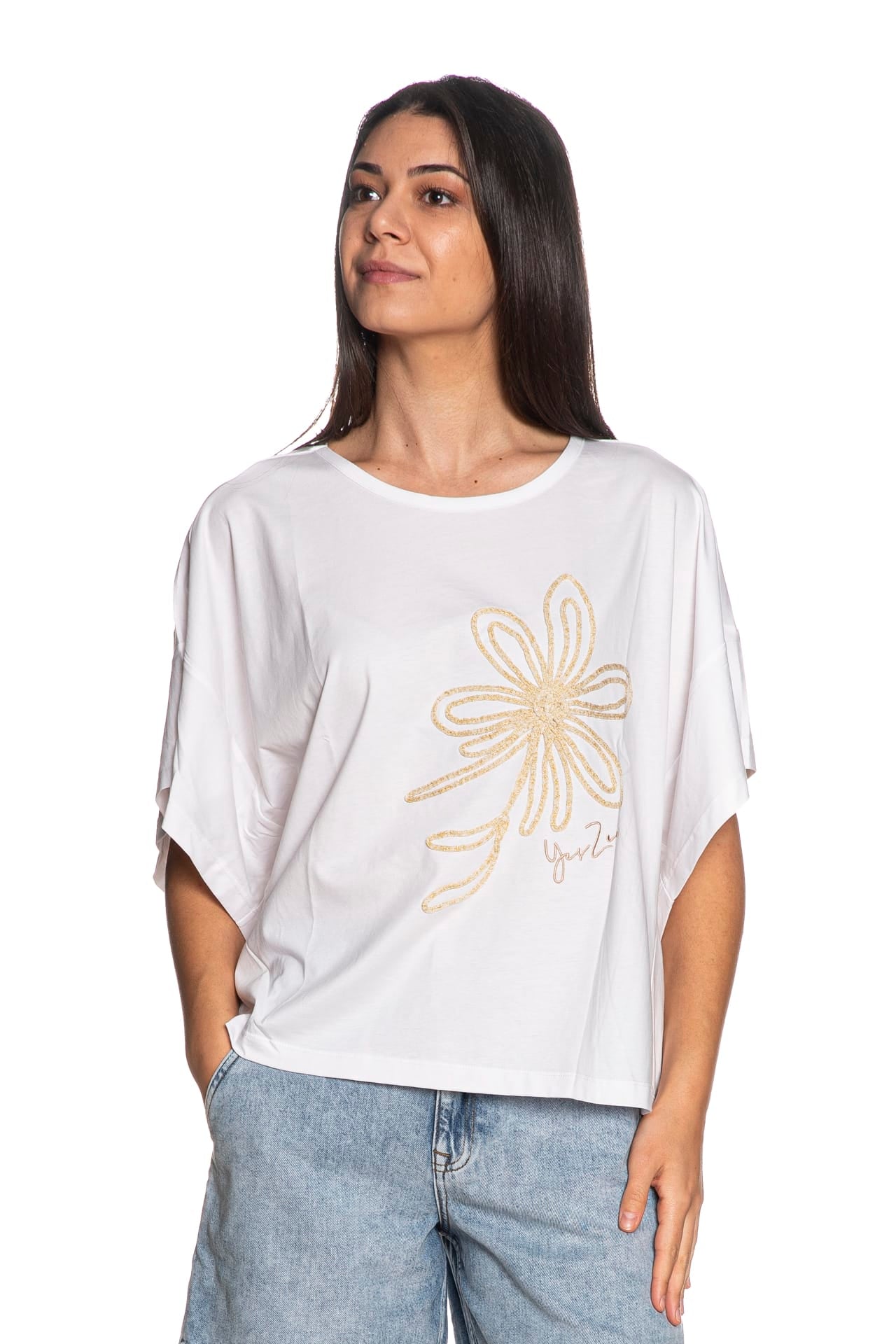 T Shirt Yes Zee Embro Flower Da Donna Bianca - Scuderi Store