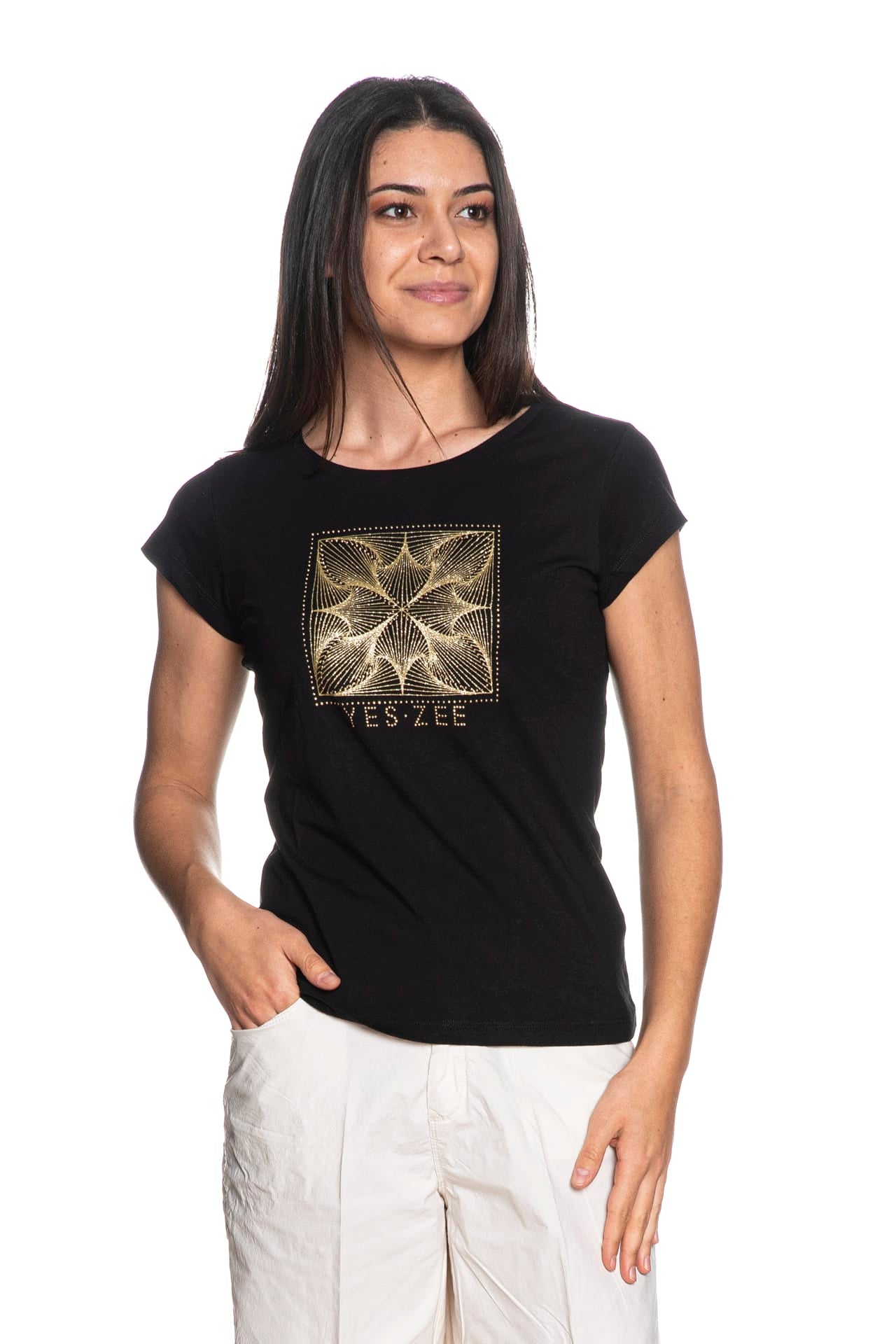 T Shirt Yes Zee Yz Jeans Gold Da Donna Nera - Scuderi Store