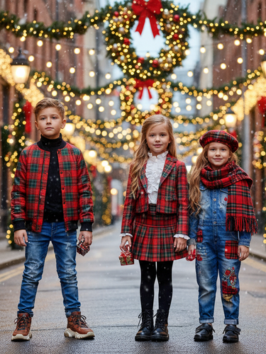 genera una immagine per una home di un sito fashion, il soggetto saranno due o più bambini con vestiti alla moda e un dettaglio con fantasia a quadri scozzesi, mi servbirebbe uno sfondo urbano con decorazioni natalizie, l'immagina deve avere orientamento orizzontale e essere il più realistaca possibile lascia un pò dispazio nel margine superiore