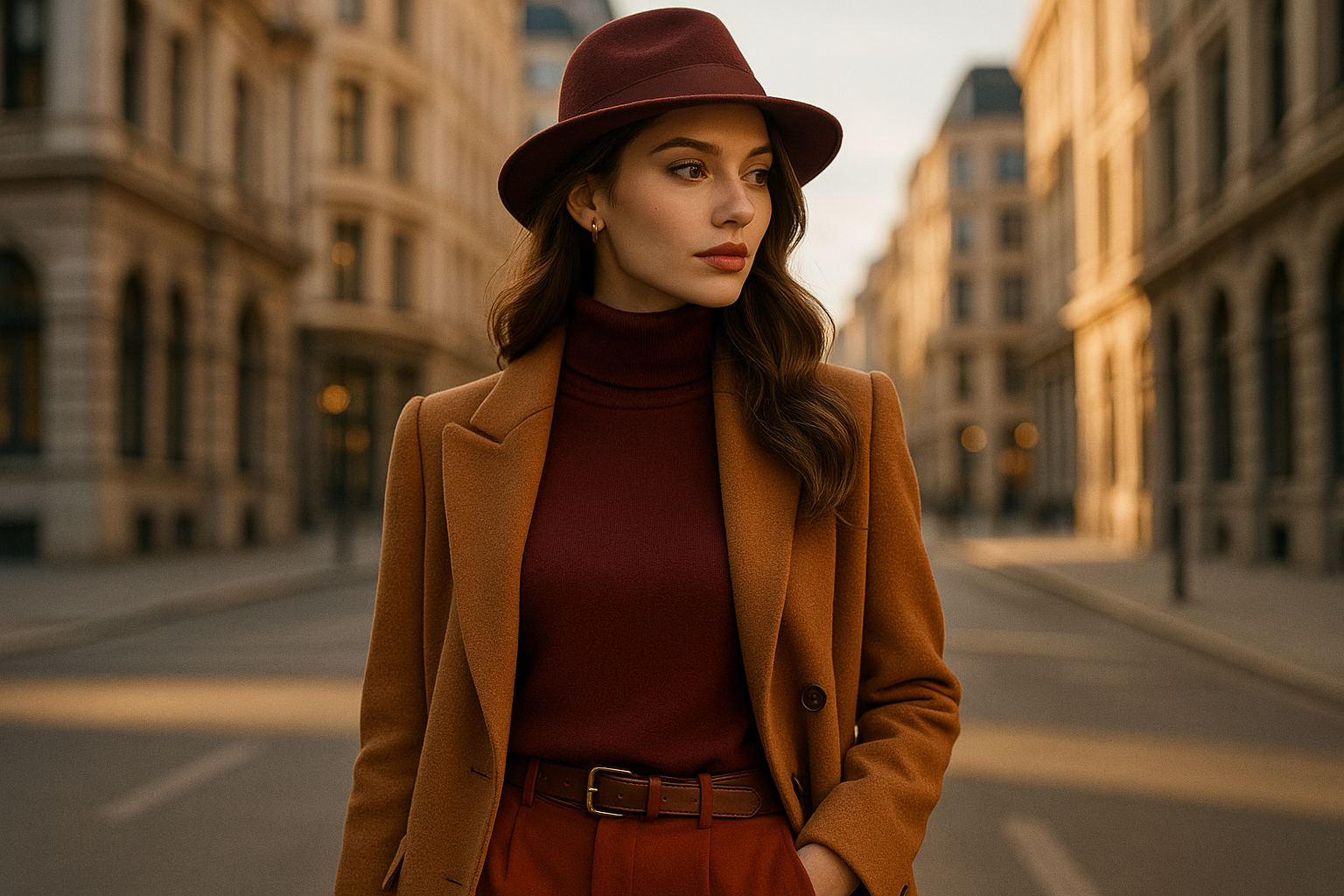 modella elegante con abiti autunnali sfondo di citta