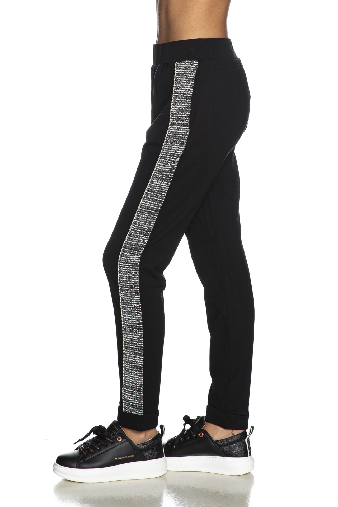 Pantalone Liu Jo Sport Jogger da donna nero tweed bianco nero lurex silver