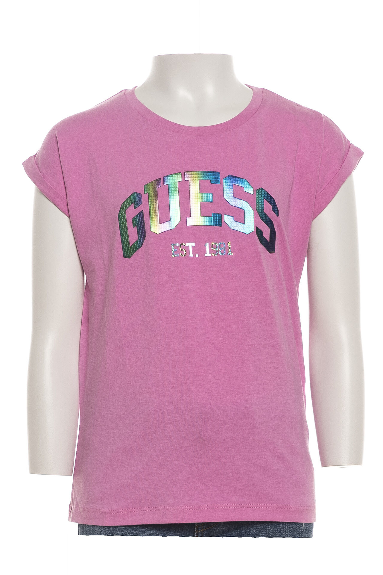 T shirt Guess Iridescent Logo da bambina rosa bubble