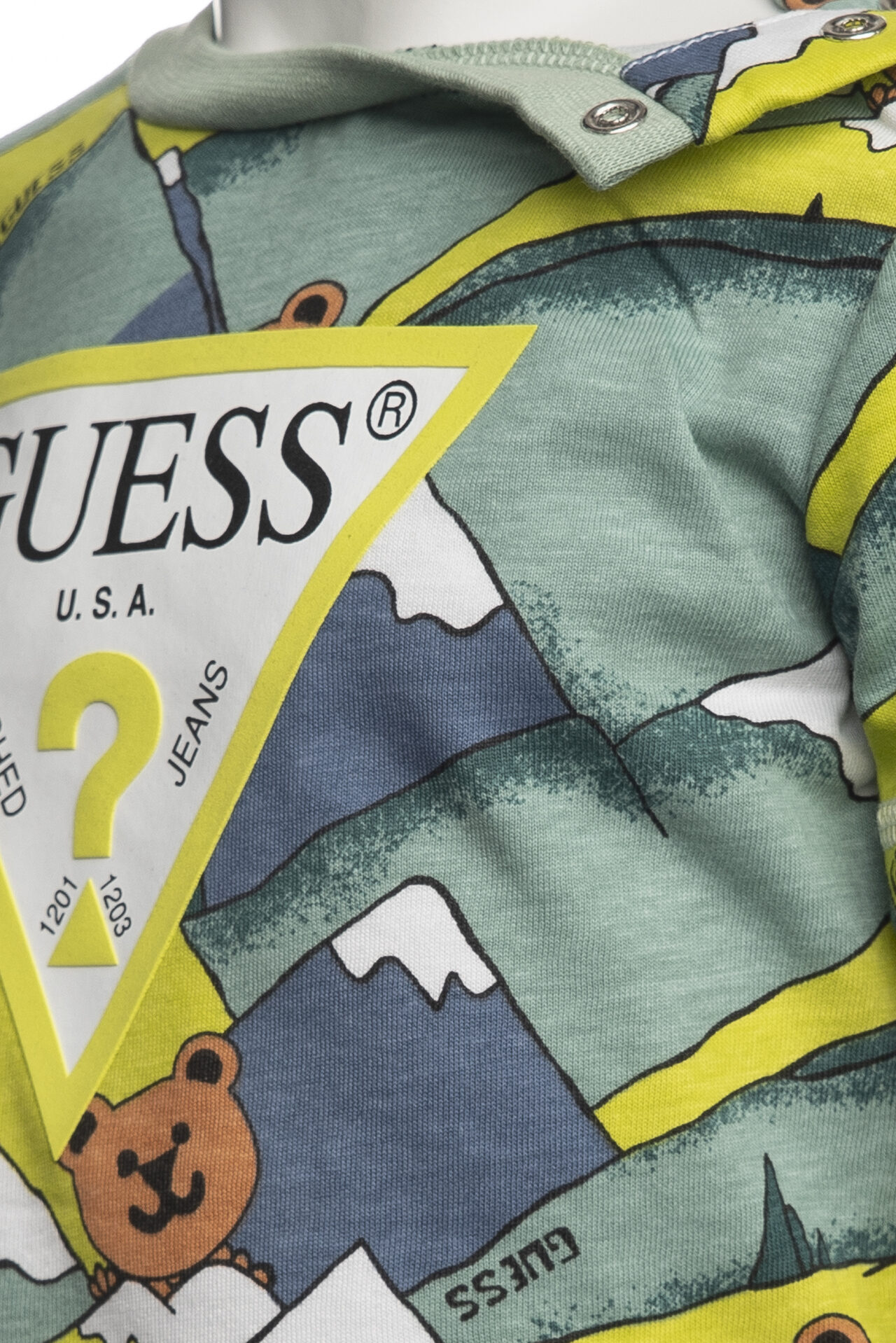 T shirt Guess Mountain Print da bambino stampa monti e Teddy Bear blu verde alga lime bianco