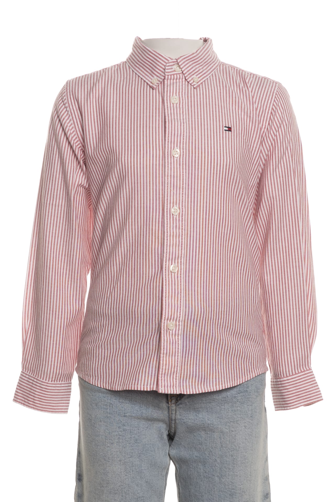 Camicia Tommy Hilfiger bambino a righe bianche e corallo con logo flag